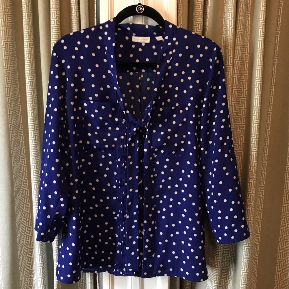 Blue and white polka dot blouse